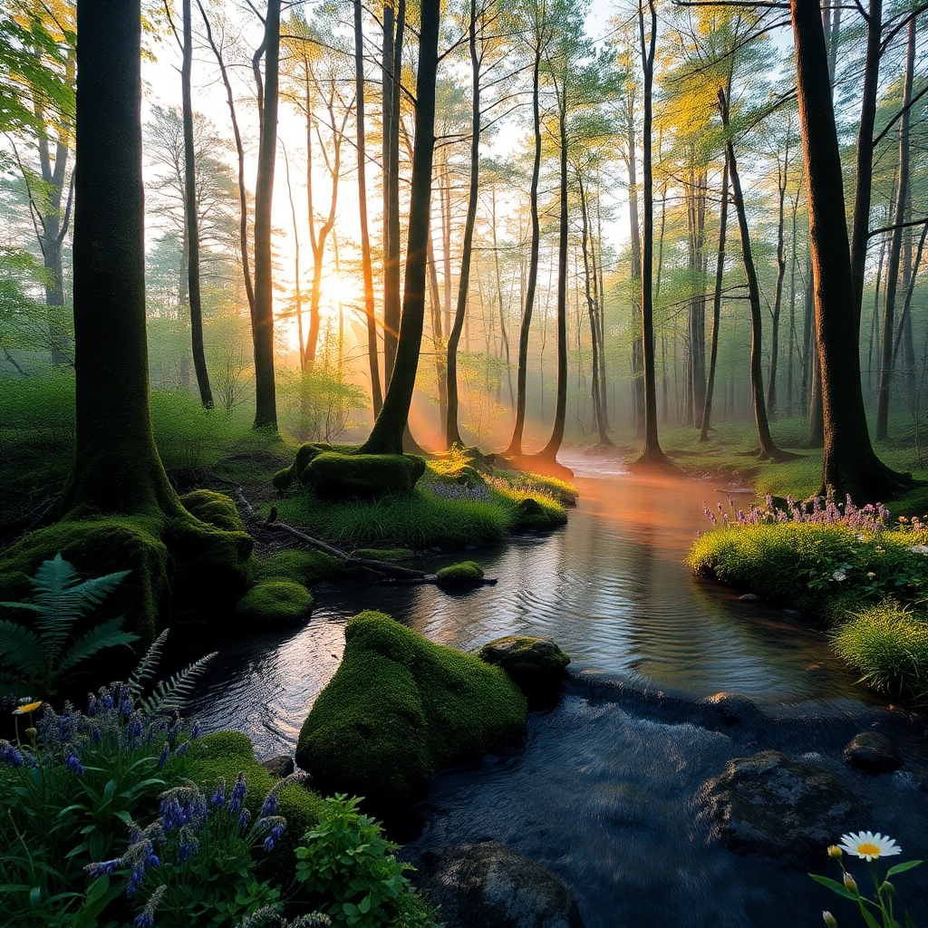 Tranquil Forest Stream at Sunrise – free AI stock image
