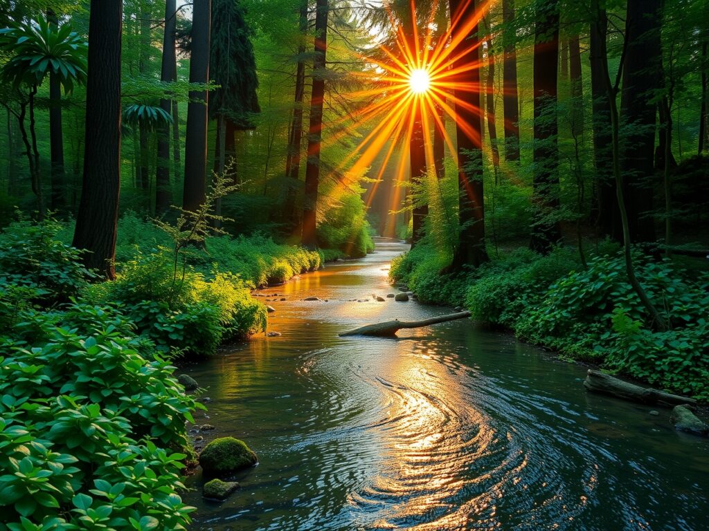Tranquil Forest Stream at Sunrise – free AI stock image