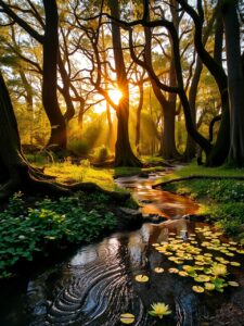 Tranquil Forest Stream at Sunrise – free AI stock image