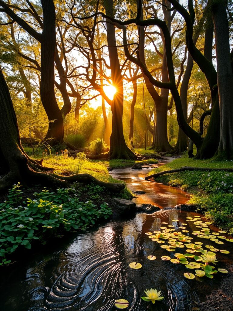 Tranquil Forest Stream at Sunrise – free AI stock image