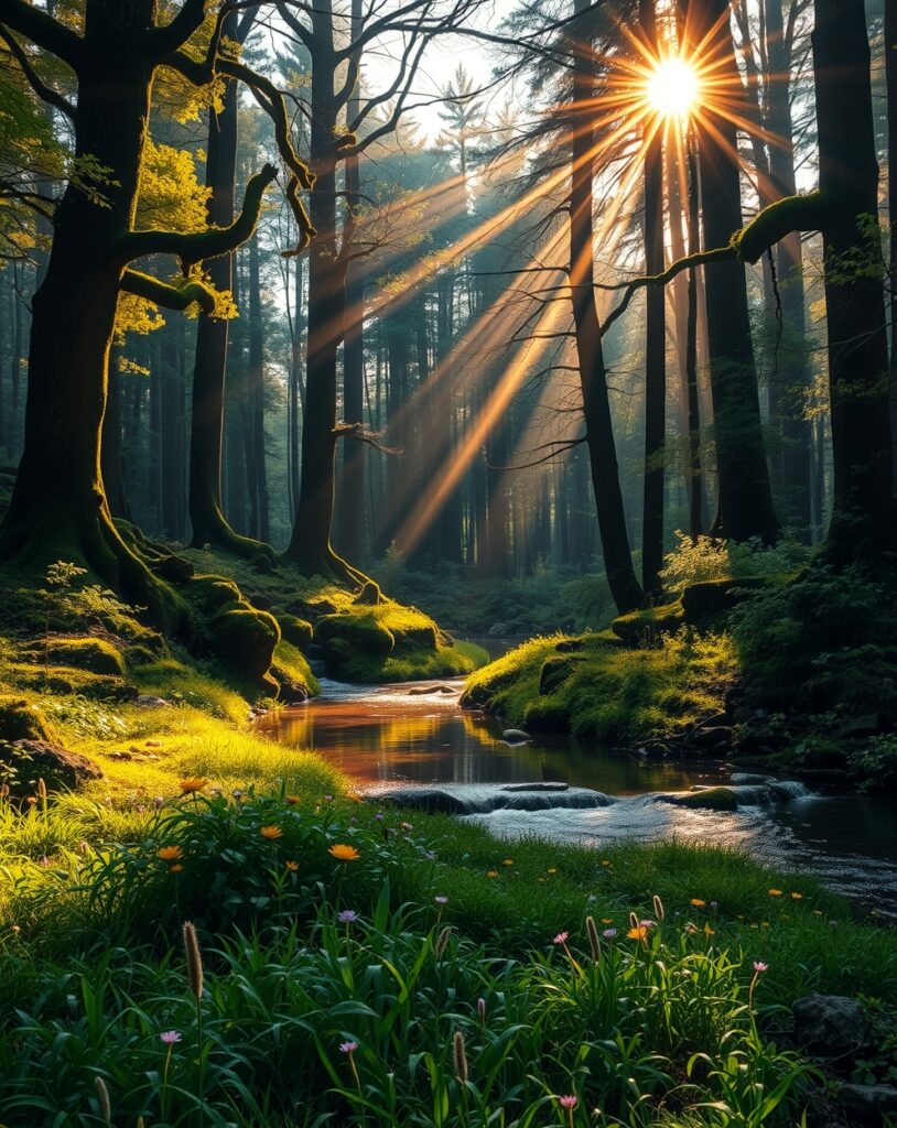 Tranquil Forest Stream at Sunrise – free AI stock image