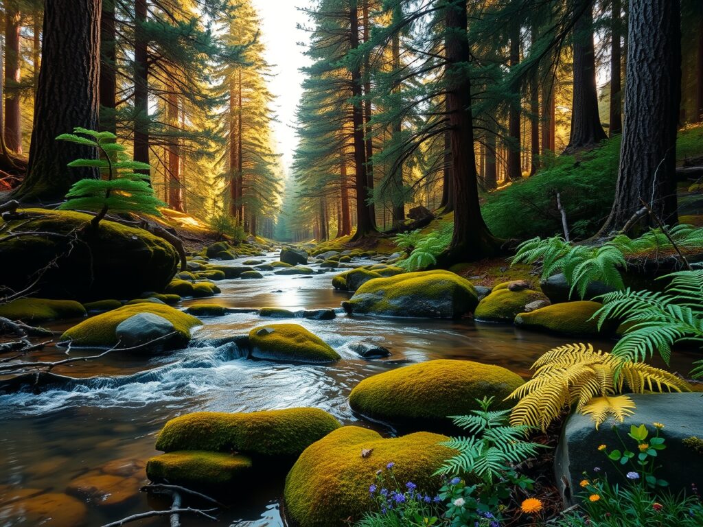 Tranquil Forest Stream Beneath Tall Pines – free AI stock image