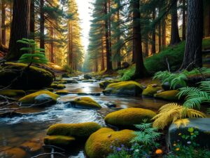 Tranquil Forest Stream Beneath Tall Pines – free AI stock image