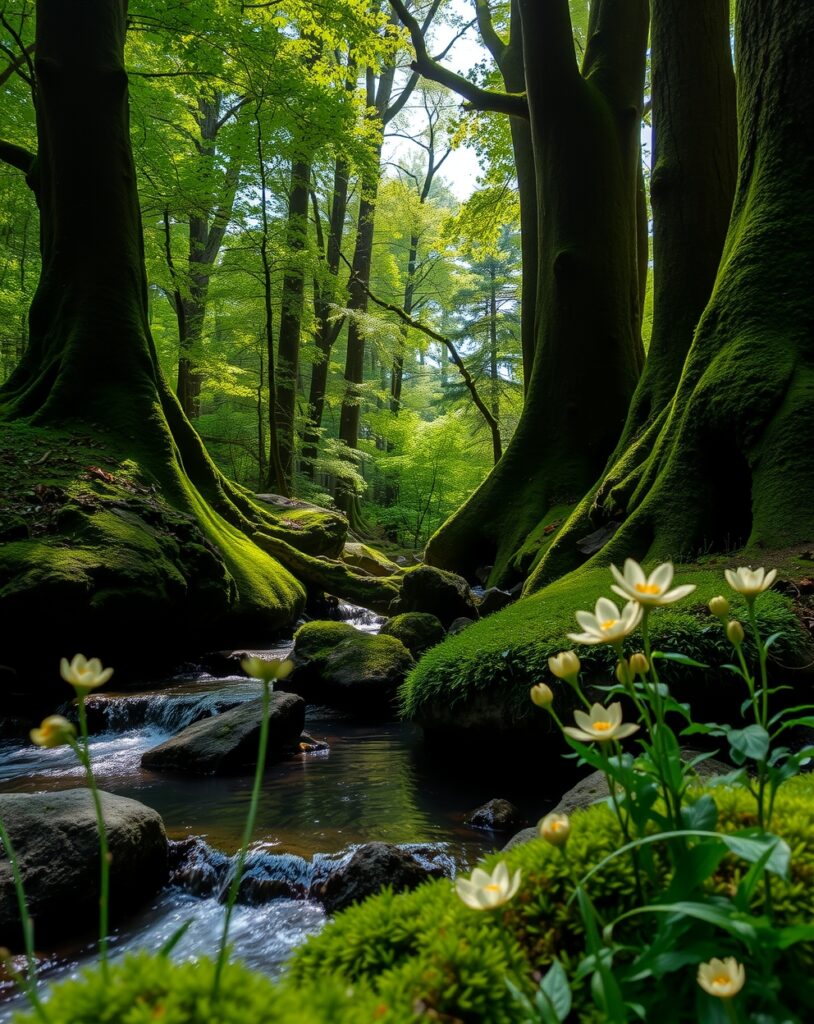 Tranquil Forest Stream Flowing Gently – free AI stock image