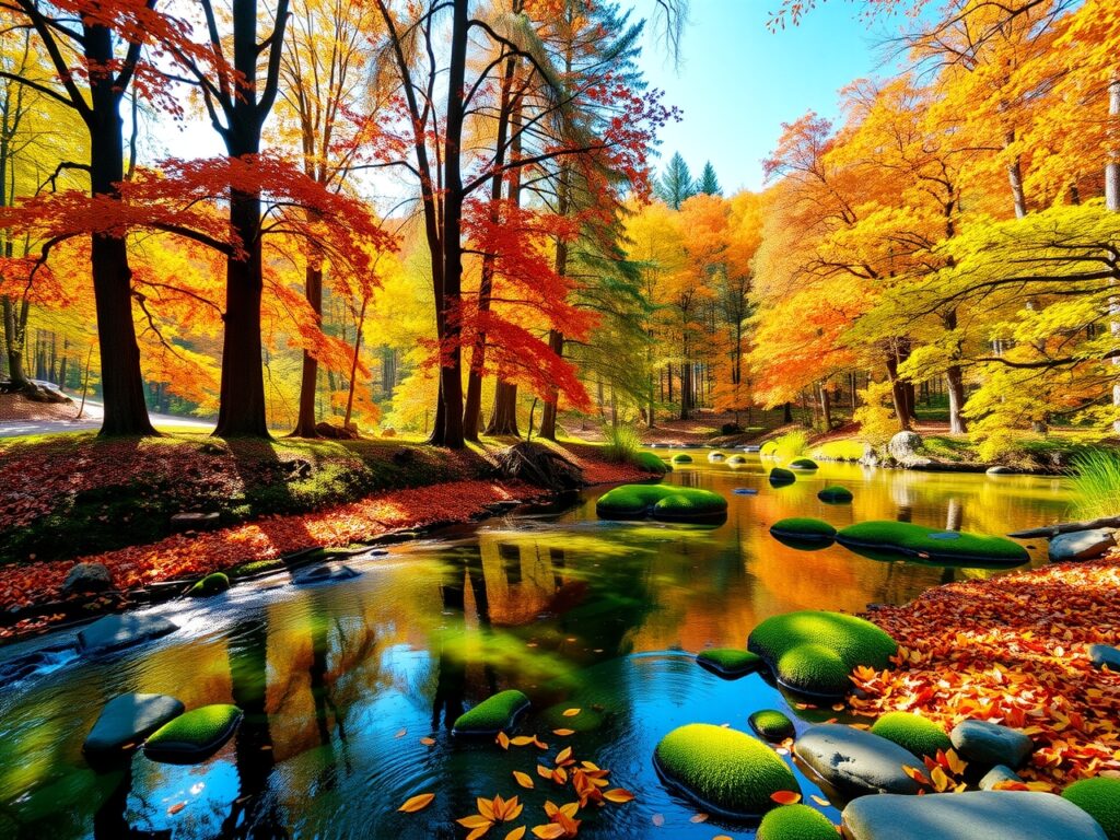 Tranquil Forest Stream in Autumn Colors – free AI stock image