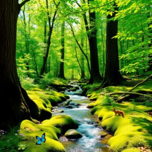 Tranquil Forest Stream on a Sunny Day – free AI stock image