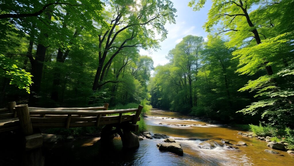 Tranquil Forest Stream Scene – free AI stock image