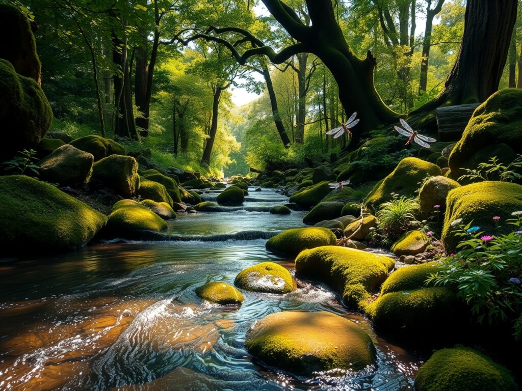 Tranquil Forest Stream Surrounded by Lush Greenery – free AI stock image