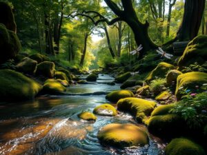 Tranquil Forest Stream Surrounded by Lush Greenery – free AI stock image