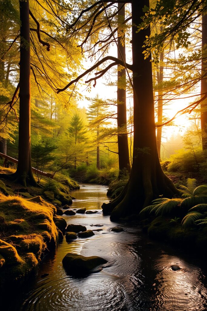 Tranquil Forest Stream Surrounded by Trees – free AI stock image
