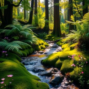 Tranquil Forest Stream Under Dappled Sunlight – free AI stock image