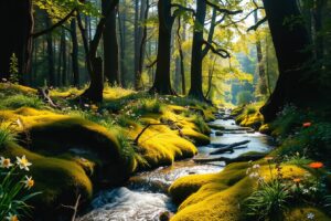Tranquil Forest Stream Under Sunlight – free AI stock image