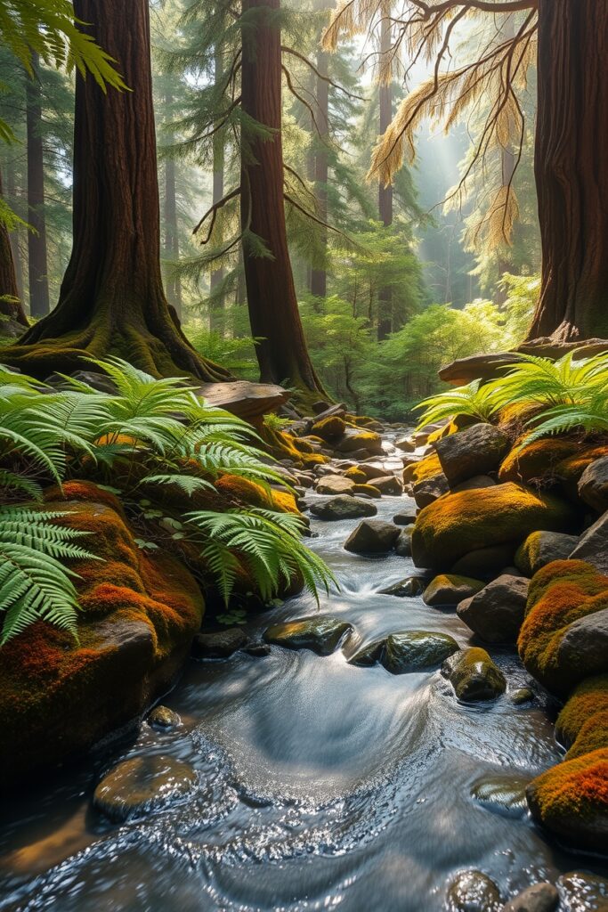 Tranquil Forest Stream Under Sunlight – free AI stock image