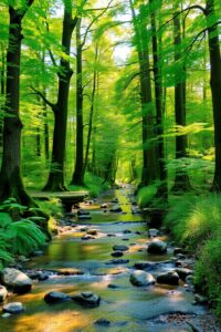 Tranquil Forest Stream Under Vibrant Trees – free AI stock image
