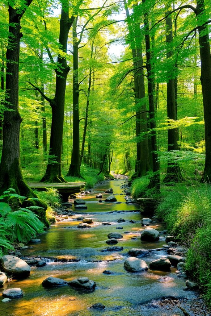 Tranquil Forest Stream Under Vibrant Trees – free AI stock image