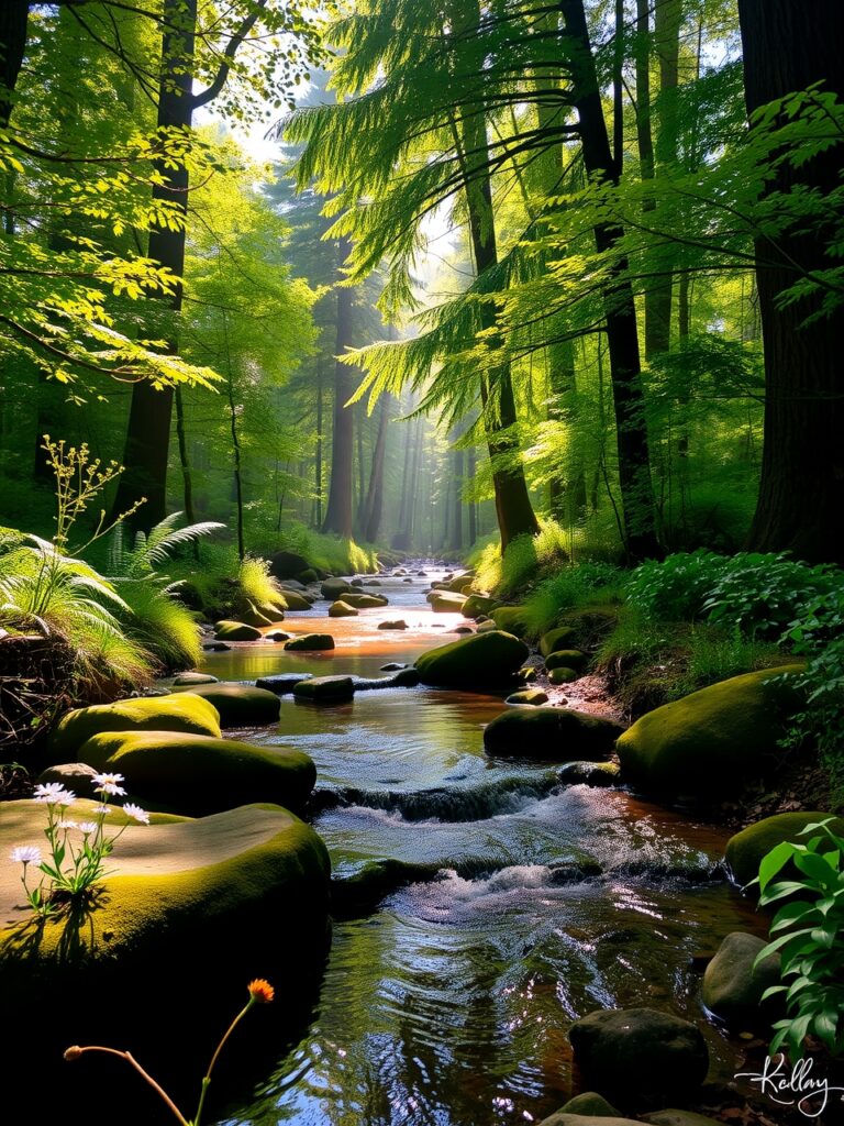 Tranquil Forest Stream with Lush Greenery – free AI stock image
