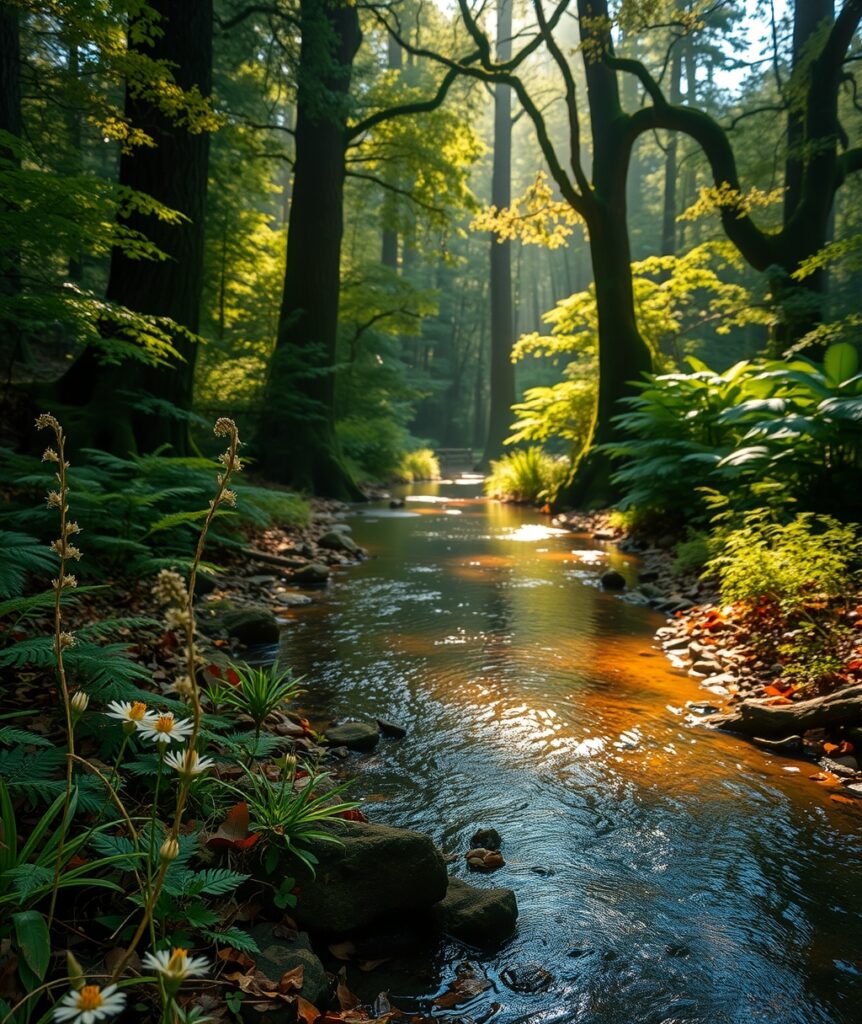 Tranquil Forest Stream with Sunlight Beams – free AI stock image