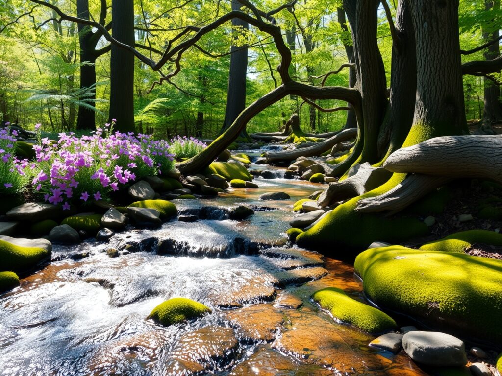 Tranquil Forest Stream with Wildflowers – free AI stock image