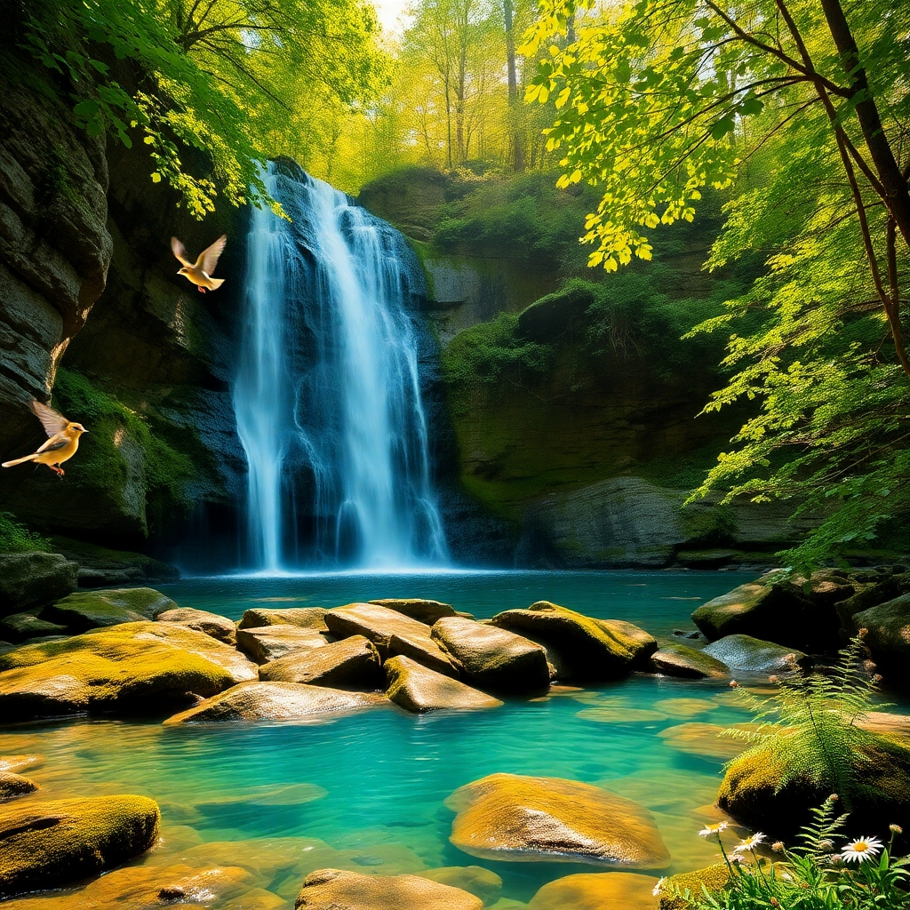 Tranquil Forest Waterfall Amidst Lush Greenery – free AI stock image