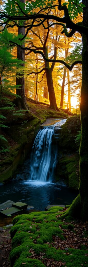 Tranquil Forest Waterfall at Dusk – free AI stock image