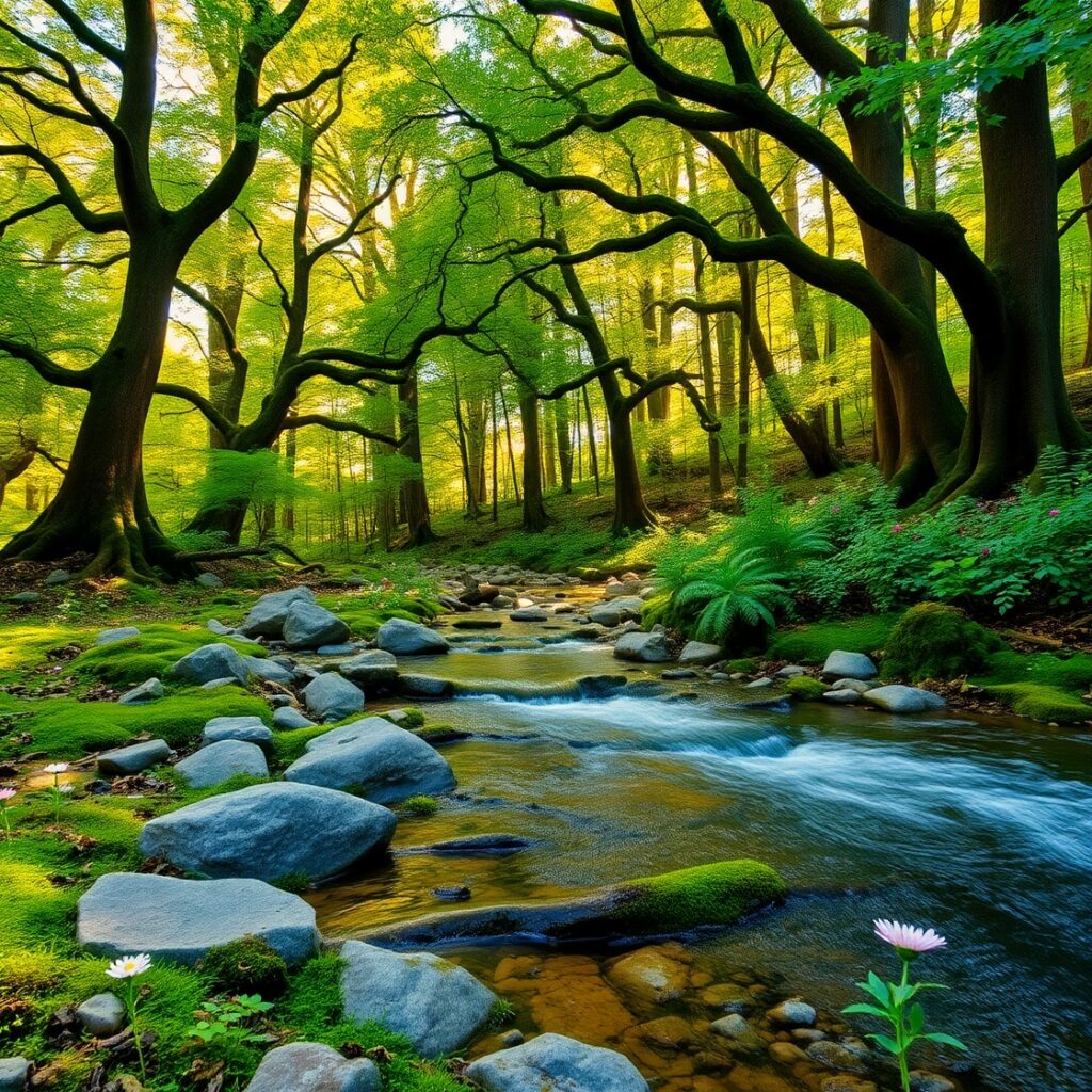 Tranquil Forest with a Bubbling Stream – free AI stock image
