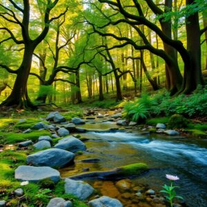Tranquil Forest with a Bubbling Stream – free AI stock image