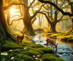 Tranquil Forest with Gentle River Flowing – free AI stock image