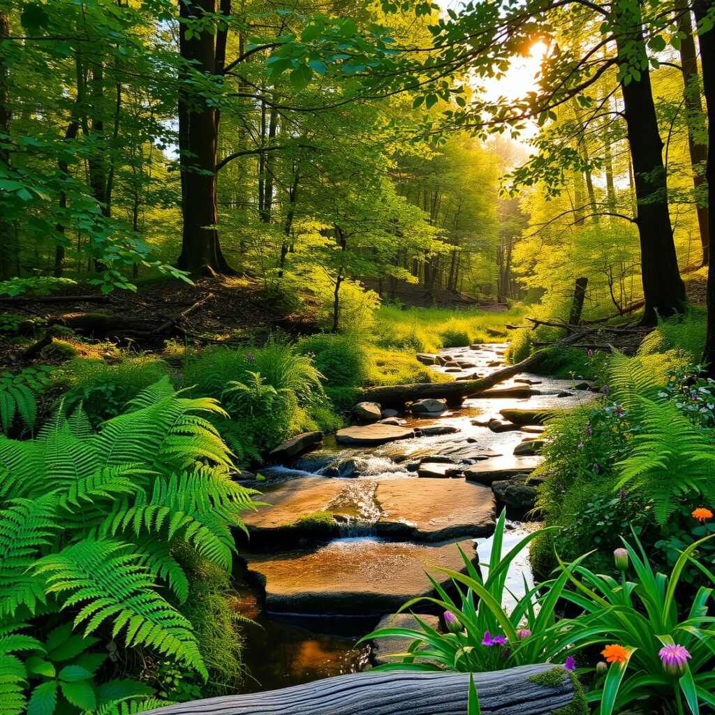 Tranquil Forest with Gentle Stream Flow – free AI stock image