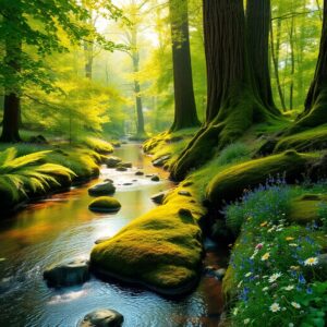 Tranquil Forest with Gentle Stream Flowing – free AI stock image