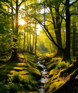 Tranquil Forest with Glowing Sunlight – free AI stock image