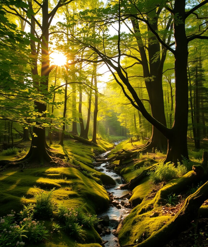 Tranquil Forest with Glowing Sunlight – free AI stock image