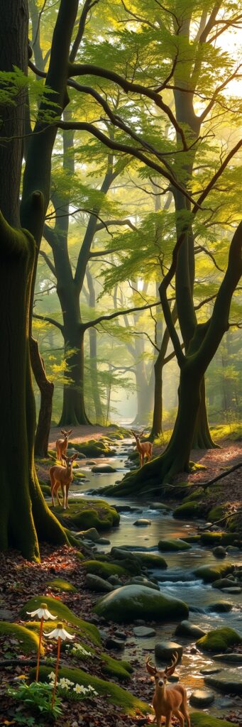 Tranquil Forest with Lush Greenery and Stream – free AI stock image