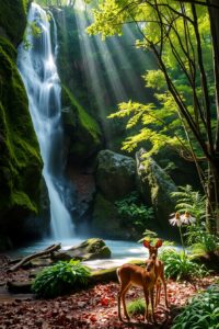 Tranquil Forest with Majestic Waterfall – free AI stock image