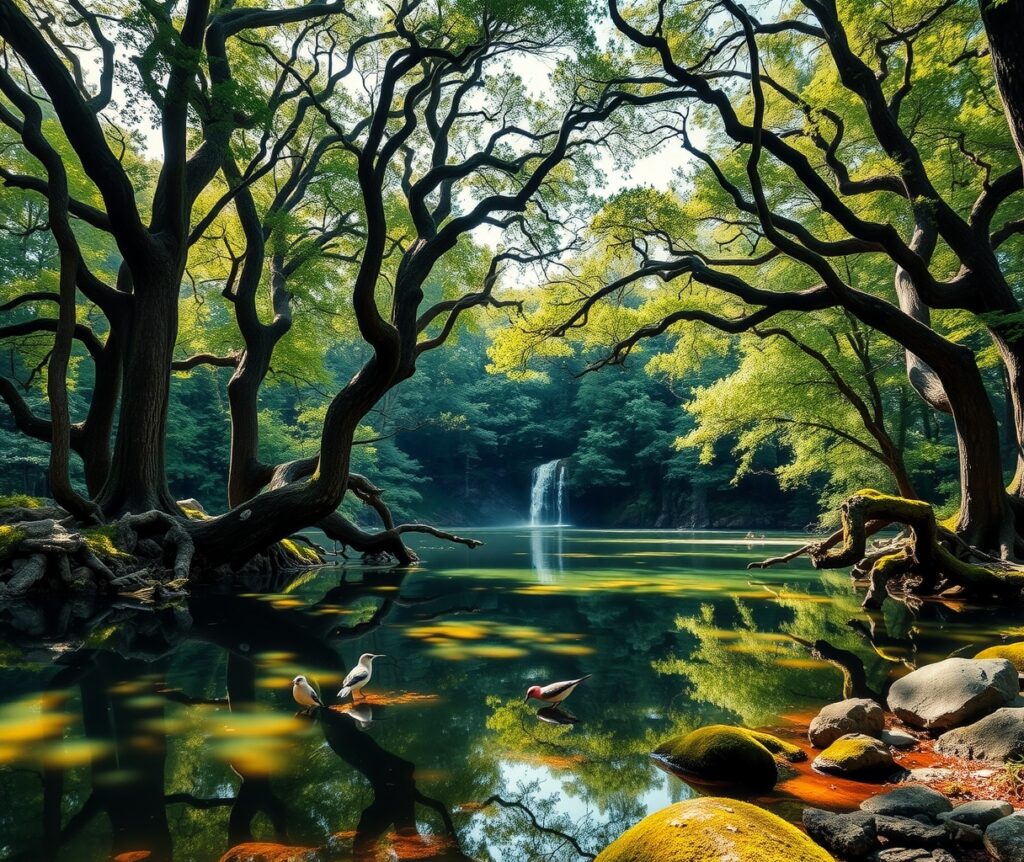 Tranquil Forest with Reflective Lake – free AI stock image