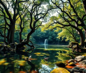 Tranquil Forest with Reflective Lake – free AI stock image