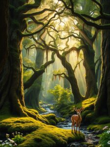 Tranquil Forest with Sunbeams Breaking Through – free AI stock image