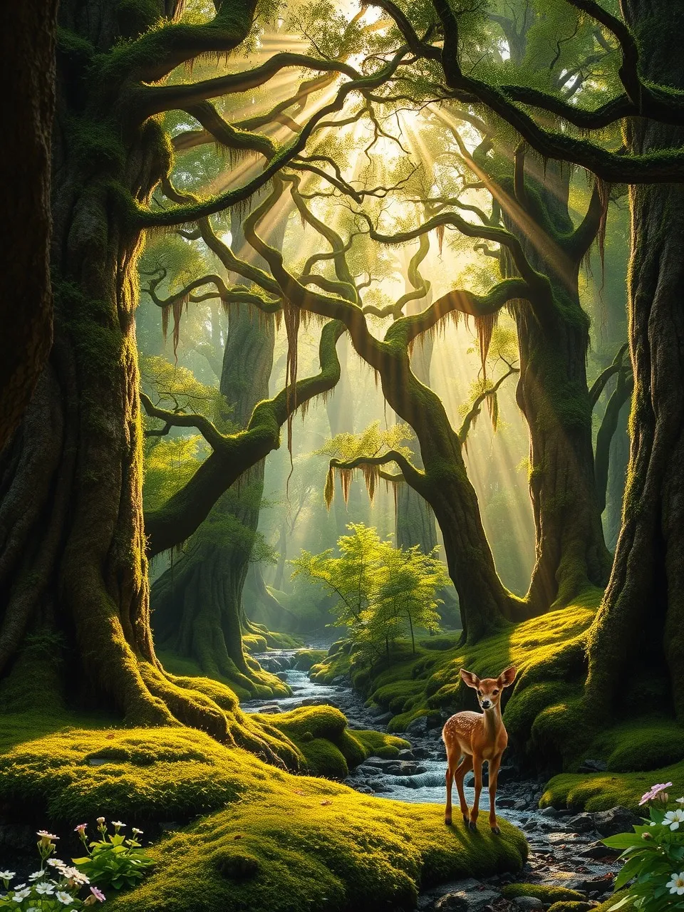Tranquil Forest with Sunbeams Breaking Through