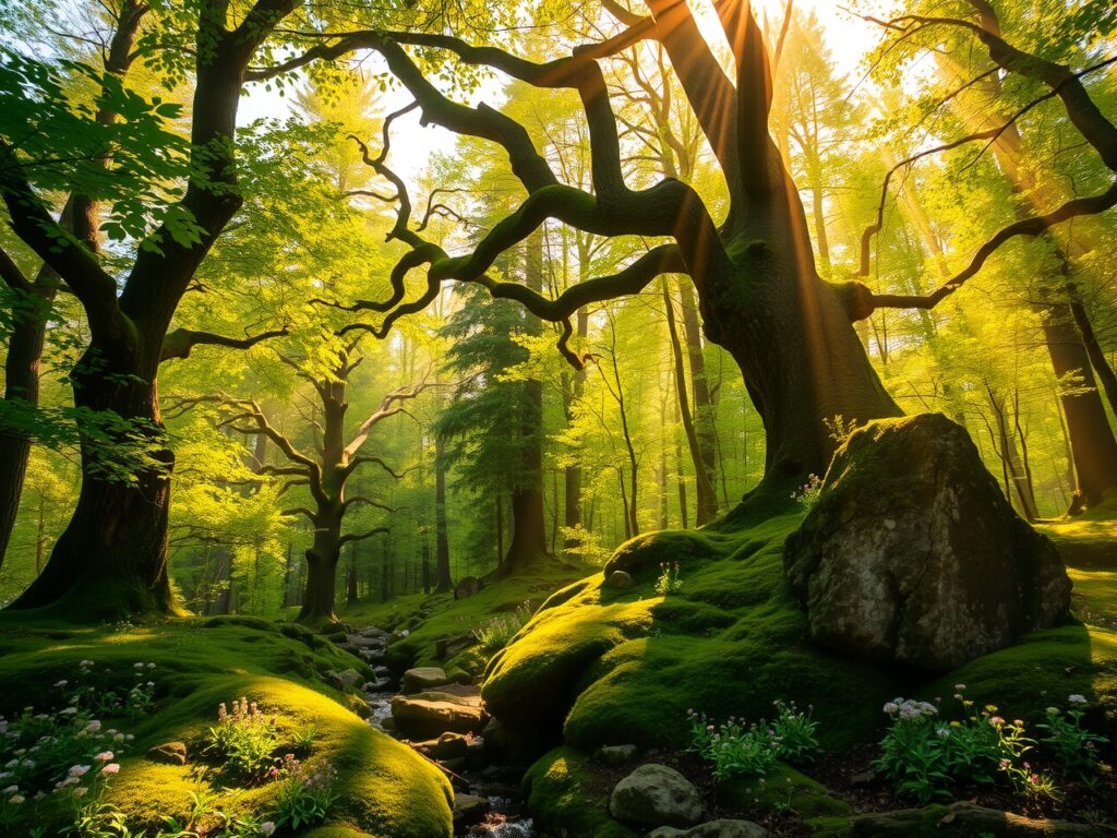 Tranquil Forest with Sunlight Filtering Through – free AI stock image