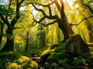 Tranquil Forest with Sunlight Filtering Through – free AI stock image
