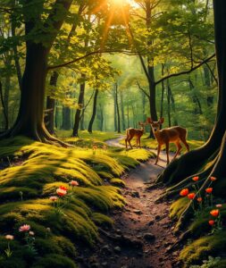 Tranquil Forest with Sunlight Filtering Through Leaves – free AI stock image