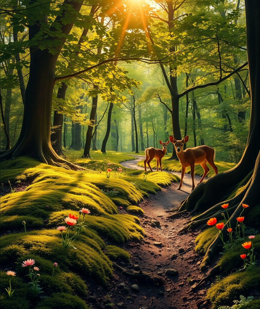 Tranquil Forest with Sunlight Filtering Through Leaves – free AI stock image
