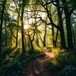 Tranquil Forest with Sunlight Filtering Through Trees – free AI stock image