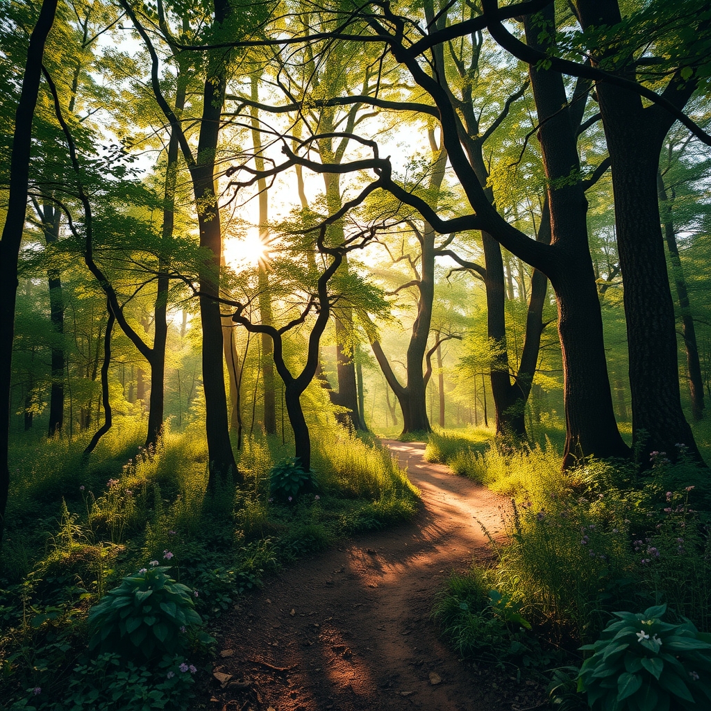 Tranquil Forest with Sunlight Filtering Through Trees – free AI stock image