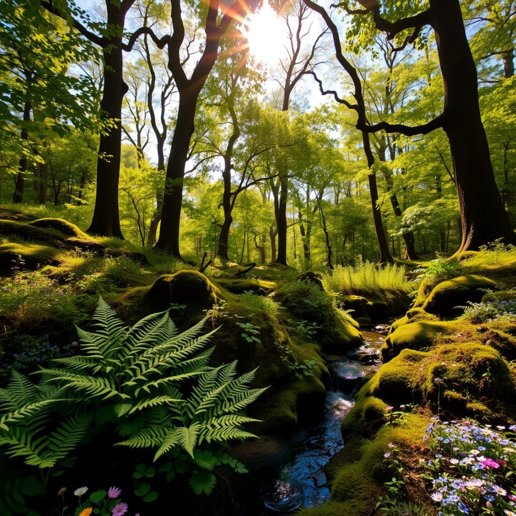 Tranquil Forest with Sunlight Glimmers – free AI stock image