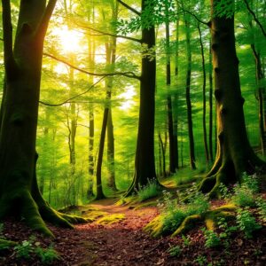 Tranquil Forest with Sunlight Streaming – free AI stock image