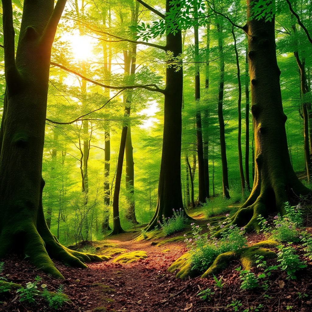 Tranquil Forest with Sunlight Streaming – free AI stock image