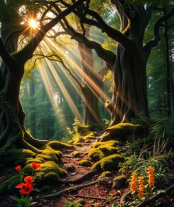 Tranquil Forest with Sunlight Streaming Through – free AI stock image