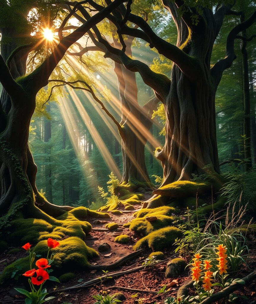 Tranquil Forest with Sunlight Streaming Through – free AI stock image
