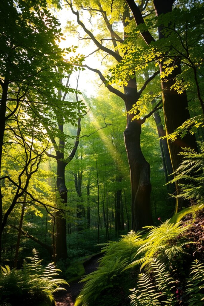 Tranquil Forest with Sunlight Streaming Through Trees – free AI stock image