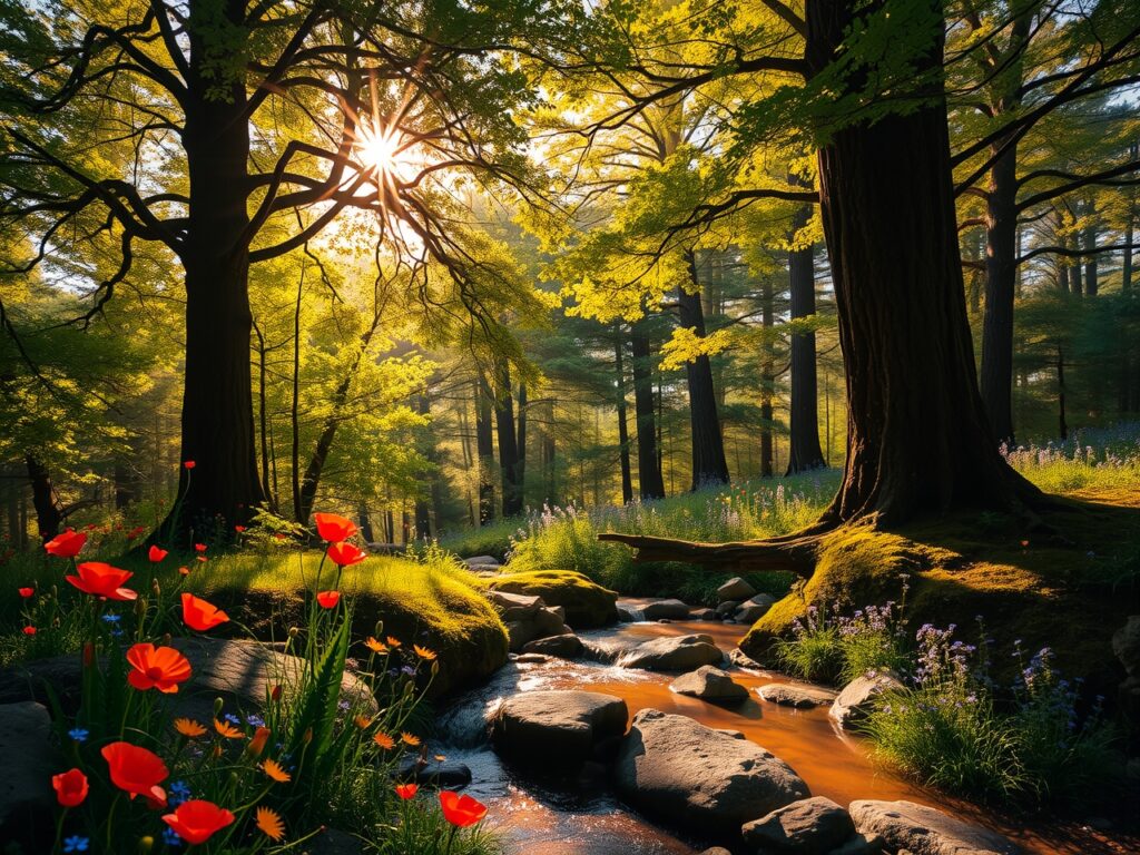Tranquil Forest with Sunlit Glade – free AI stock image